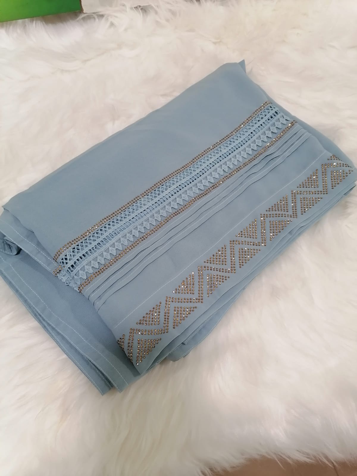 Signature Chiffon Chadar with Lace and stones- Light Blue Color