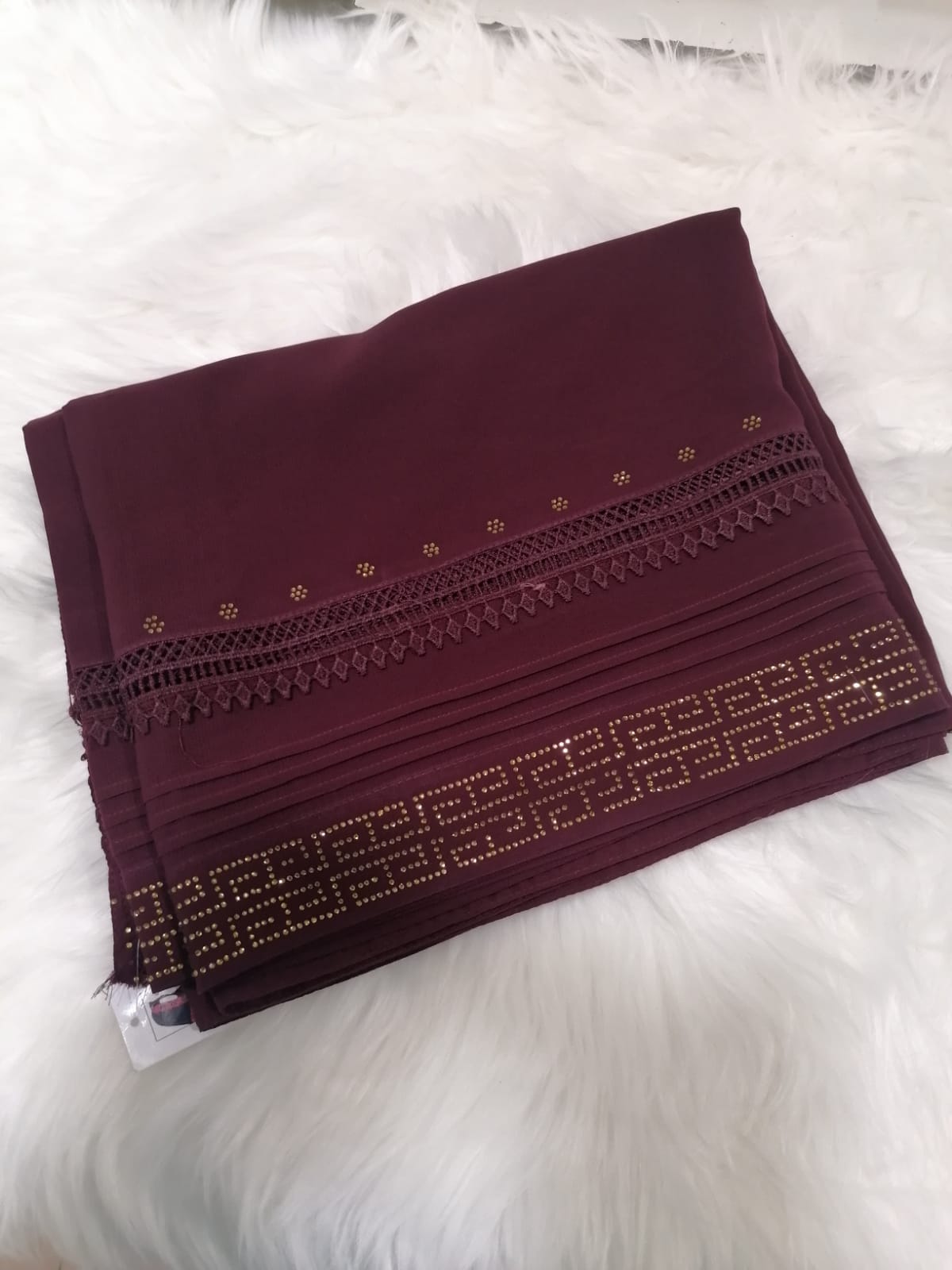 Signature Chiffon Chadar with Lace and stones- Maroon Color