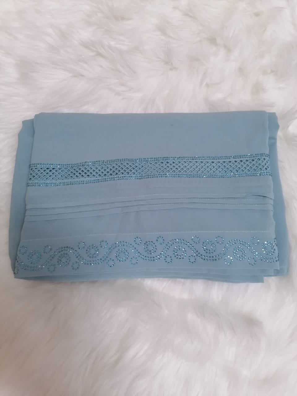 Signature Chiffon Chadar with Lace and stones- Light Blue Color